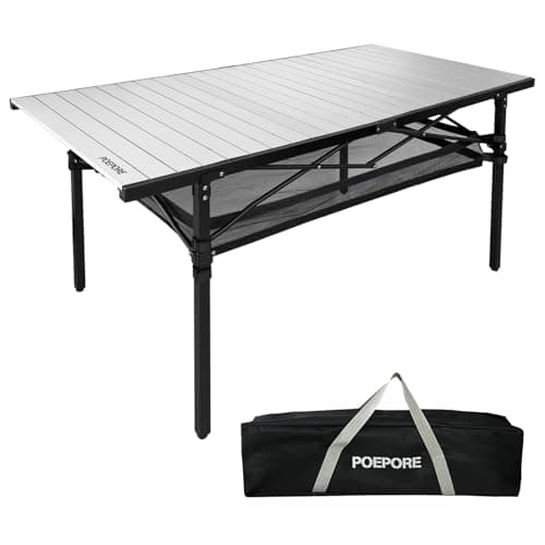 POEPORE Large Folding Camping Table Aluminum with Storage for 4-6 People 55"X27.5" Roll Up Tall Outdoor Portable Table Lightweight with Carry Bag for Picnic BBQ Backyard Beach
