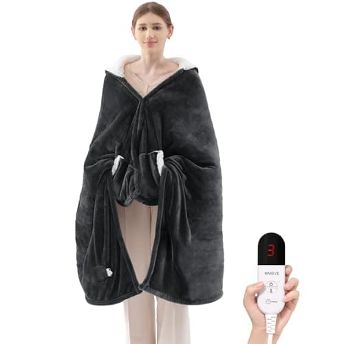 MAXEVE Electric Wearable Blanket Heated Blanket with Hood and Pockets, Heating Throw Blanket, Electric Heated Wrap Shawl with 6 Heating Levels Setting & 4 Hours Auto Shut Off, Machine Washable
