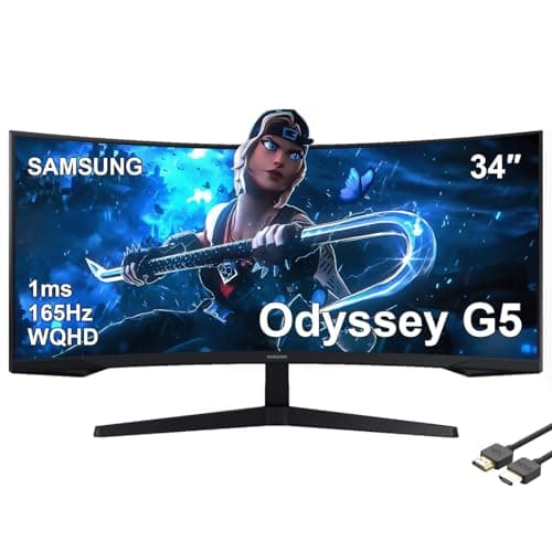 SAMSUNG 34" Odyssey G5 Series Ultra-Wide WQHD Gaming Monitor, 1000R Curved, 165Hz, 1ms Response Time, FreeSync Premium, Black, with MTC HDMI Cable