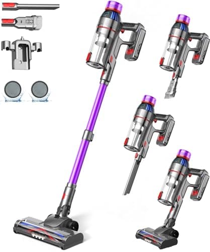 Cordless Stick Vacuum Cleaner - 550W Powerful Handheld Vac with HEPA Filter, Up to 50min Runtime & Tangle-Free Lightweight & Detachable Battery for Pet Hair Carpet Hardwood Floor Cleaning