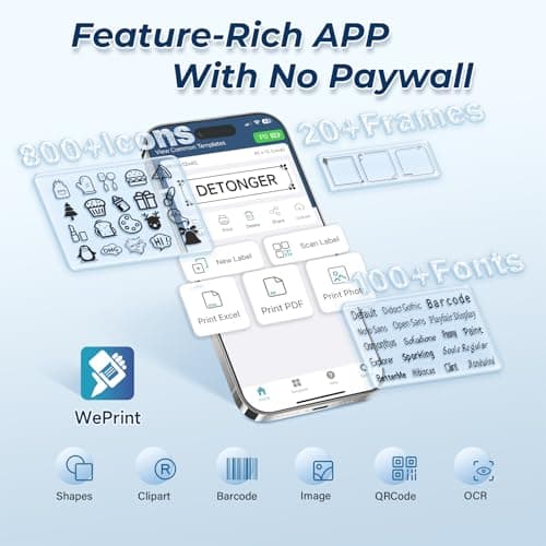 DETONGER Label Maker Machine with Tape P0 Rechargeable Bluetooth Mini Label Printer Portable Small Thermal Labeling Machine Easy to Use for Home Office School Organization Battery Included White 7