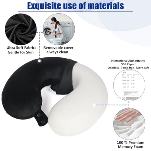 SAIREIDER Travel Pillow 100% Pure Memory Foam Travel Neck Pillow, Airplane Pillow for Traveling、Car、Home、Office，Washable Cover（Black） 4