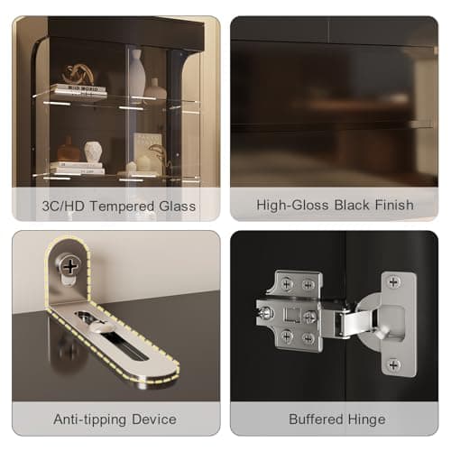 MEISSALIVVE Display Cabinet with Glass Doors, 3-Tier Display Case with 2 Drawers, 70.87''H Curio Cabinet with 7 Color Led Lights for Collectibles, High Gloss, Black 8