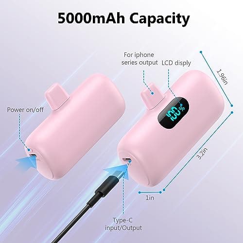 [2 Pack]Mini Portable Charger 5000mAh for iPhone,Ultra-Compact 15W PD Power Bank,LCD Display Cute Battery Pack Backup Charger Compatible with iPhone 14/14 Pro Max/13/13 Pro/12/XR/8/7/6,Pink +Purple 5