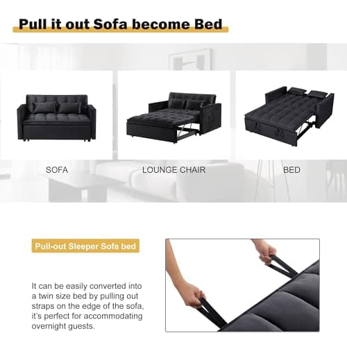 Trygoal Convertible Sofa Bed, Pull Out Sofa Bed with Adjustable Backrest, 3 in 1 Velvet Fabric Loveseat Sleeper Sofa Bed Couch with Side Pockets for Living Room, Bedroom, Apartment, Black 5