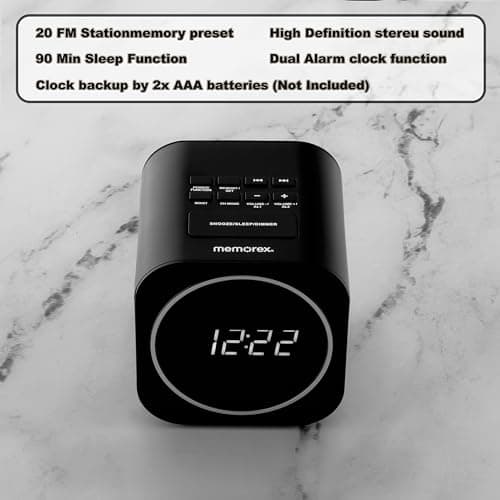 Memorex MX-CR140 Clock Radio with USB Charging | Dual Alarm Clock with FM PLL Radio, Sleep Timer, Snooze Function & 0.6” White LED Display | Compact Bedside Digital Alarm Clock with Battery Backup 7