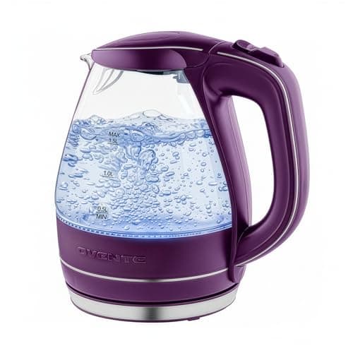 OVENTE Electric Kettle, 1.5L Borosilicate Glass Countertop Water Heater and Boiler for Coffee or Tea, BPA-Free, Auto Shut-Off, Boil-Dry Protection, Removable and Washable Spout Filter, Purple KG83P