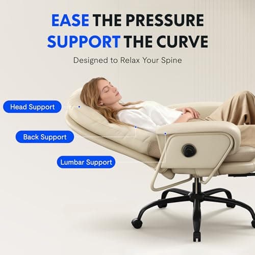 FLEXISPOT Luno 2-in-1 Chaise Lounge Chair Indoor with Wheels Footrest 90-165° Reclining Lumbar Support, Home Office Chairs for Living Room Bedroom Study Working Relaxing, Leather, Beige White 9