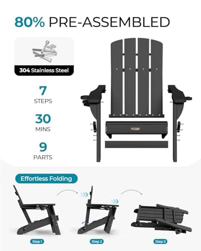 SUUNYN Folding Adirondack Chair, HDPE All-Weather Fire Pit Chairs, Plastic Adirondack Chairs with 2 Cup Holder, Outdoor Lawn Chair for Patio Garden (Black) 6