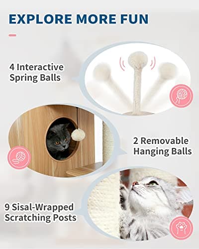 Made4Pets Modern Cat Tree for Large Cat, Wood Cat Tower Heavy Duty with Scratch Post for Indoor Big Cats, 51" Extra Tall Cat Condo Sturdy Frisco Castle with Clear Bowl for Kittens Maine Coon 20Lbs 6