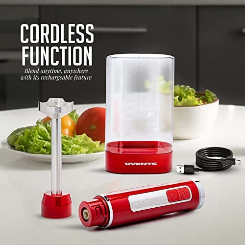 OVENTE Cordless Immersion Hand Blender, Rechargeable Handheld Portable Stick Mixer with 8 Mixing Speed Option, One-Touch Control and Stainless Steel Blades for Smoothies, Shakes or Soups, Red HR781R 6