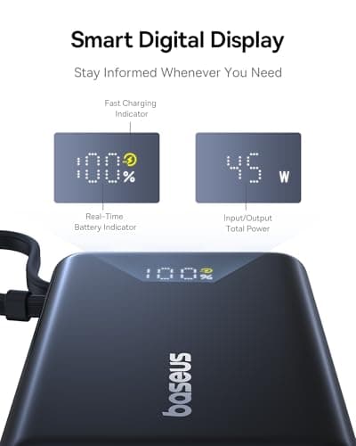 Baseus Power Bank, Picogo 10000mAh 45W 3-Output Portable Charger with Built-in USB-C Cable, PPS/PD QC Fast Charging External Battery Pack for iPhone 17/16/15/14/13, Samsung S25/S24, MacBook Pro, iPad 7