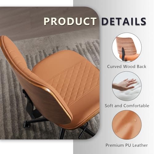 BERYTH Home Office Chair No Arms with Wheels, Adjustable Height PU Leather Mid Back, 360 Swivel Computer Small Desk Chair, Armless Modern Walnut Style for Office, Reading Meeting Room(Brown) 5