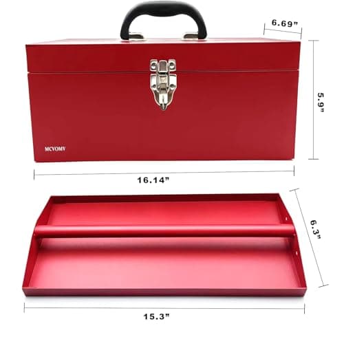 16" Portable Steel Heavy-duty Large Tool Box 18-Gauge Fishing Tackle Box Tool Box Drawer Organizer With Metal Latch and Handle Red 6