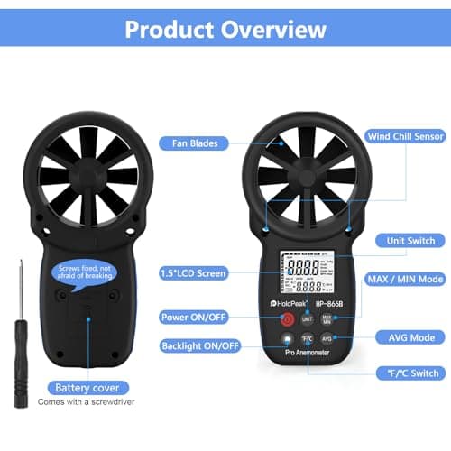 HoldPeak 866B Digital Anemometer Handheld Wind Speed Meter for Measuring Wind Speed, Temperature and Wind Chill with Backlight and Max/Min 9
