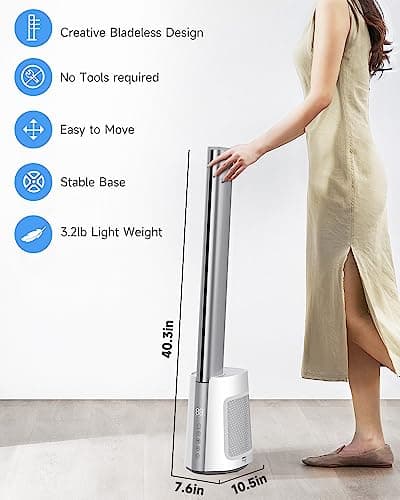 Gimify 40'' Bladeless Tower Fan for Home with Remote Control, Quiet 120° Oscillating Fan with 3 Modes 12 Wind Speeds,12H Timer, Standing Fan with HEPA Filter 99.97% Smoke Dust for Bedroom Office 8