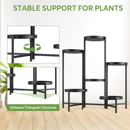 iDavosic.ly 6 Tier Large Plant Stand Indoor with 10 Inch Wide Tray, Tiered Corner Metal Outdoor Flower Display Holder Shelf, Folding Tall Rack for Patio Porch Living Room, Modern Black 5