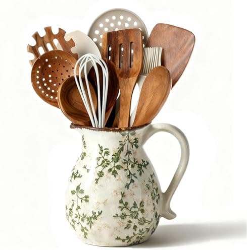 ESSGUO Ceramic Utensil Holder for Kitchen Counter, 6.1 Inch Vintage Farmhouse Rustic Cooking Utensil Holder, Modern Home Decor Countertop Organizer Crock for Flower Pot, Spoons & Kitchen Tools