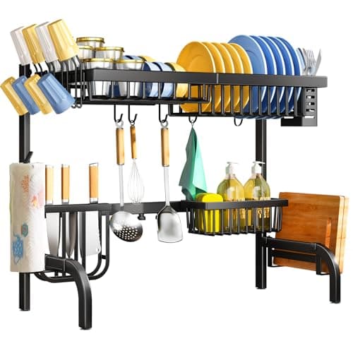 SAYZH Over The Sink Dish Drying Rack, Adjustable (25.5 to 33.5 inch) 2 Tier Metal Steel Dish Drying Racks for Kitchen Counter with Hooks Paper Towel Utensil Cup Holder Sink Caddy (Black) 7
