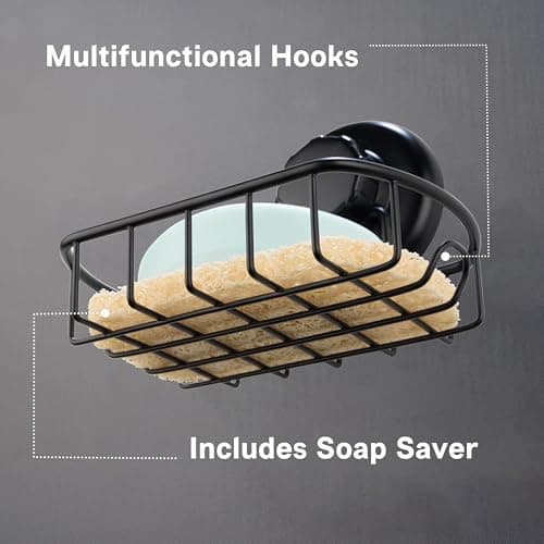 HASKO accessories Suction Soap Dish with Hooks - Super Powerful Vacuum Suction Cup Shower Soap Holder - Rustproof Stainless Steel SS304 Soap Basket - Sponge Holder for Bathroom & Kitchen (Black) 5