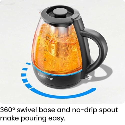 Chefman Electric Kettle with Tea Infuser, Compact 1L (4 Cups), 1500W, Removable Lid for Easy Cleaning, Boil-Dry Protection, Stainless Steel Filter, BPA Free, Auto Shut Off, Small Electric Tea Kettle 6