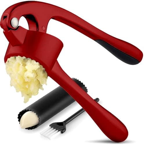 Zulay Kitchen Large Premium Garlic Press Set - Bigger Bowl for Bigger Garlic - Rust Proof & Dishwasher Safe Garlic Mincer Tool - Easy-Squeeze, Easy-Clean Silicone Garlic Peeler & Brush (Red)