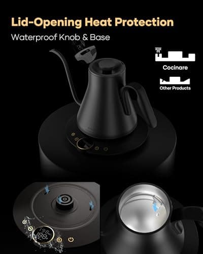 Cocinare Barista Collection Gooseneck Electric Kettle, ±1℉ Precise Temperature Control for Pour-Over Coffee & Tea, Quick Heating 1500W, Stainless Steel Interior, 0.9L (Matte Black) 7