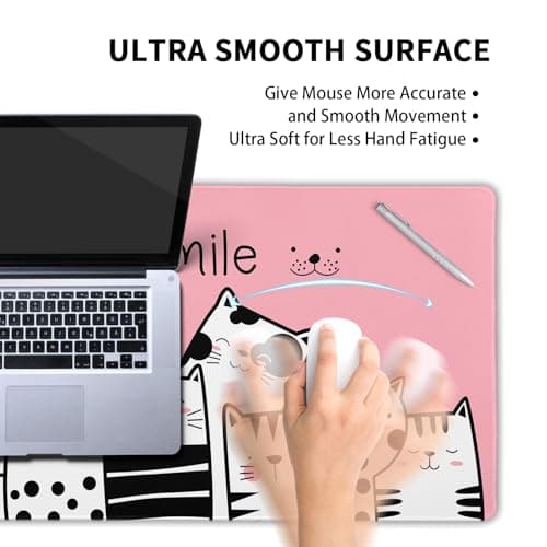 Please Smile Pink Cat Gaming Mouse Pad 31.5×11.8 Inch with Stitched Edges Extended Waterproof Desk Pads Non-Slip Rubber Base Large Keyboard Mat Computer Gaming Mousepad for Work/Office/Home 5