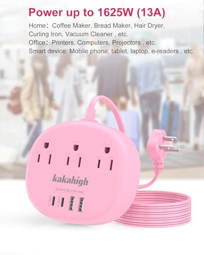 Pink Extension Cord with Surge Protected 1080J - 5 FT Kawaii Power Strip, 1625W Cute Extension Cord with 3 AC Outlet 4 USB (24W/4.8A), Compact for Cute Pink Kawaii Desk Home Essentials 5