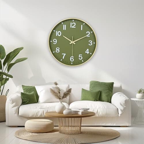 HZDHCLH Wall Clocks Battery Operated,Wall Clock Green Gold,8 inch Wall Clock Silent Non Ticking Modern 3D Numbers for Kitchen Bedroom Living Room Office Classroom Decor 8
