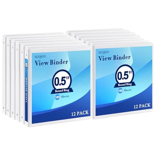1/2 Inch 3-Ring Binder, 0.5-inch Round Ring Binder with 2 Inside Pockets, 12 Pack White Binders, Clear View CoverBinder Holds 8.5'' x 11''Paper for Office/Home/Back to School