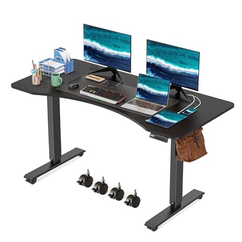 KORGOL Electric Standing Ergonomic Desk 48 x 24 Inches Adjustable Height Curved Sit Stand Up Desk for Home Office Computer Gaming with Memory Preset, Headphone Hook, Wheels (Black Frame & Brown Top)1