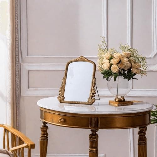 2026 Spring Women's Gifts Small Vintage Vanity Makeup Desk Mirror Antique Traditional Chic Arch Table Mirror Gold，Decor Wood Carved Mirror for Living Room,Bedroom,Tabletop 11.8" x 9.6" 8