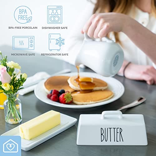 Heartland Home Porcelain Covered Butter Dish with Lid for Countertop (Lid with Handle). 7.6" x 3.8" Butter Holder Container for One Stick of Butter. Textured Tray Butter Keeper for Non Slip Storage 6