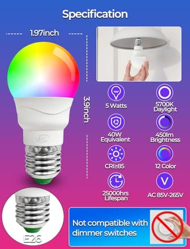 ILC RGB LED Light Bulb, Color Changing 40W Equivalent, 5700K Daylight White, 450LM 5W E26 Screw Base RGBW, Mood Light Bulb - 12 Color Choices - Timing Infrared Remote Control Included (4 Pack) 2