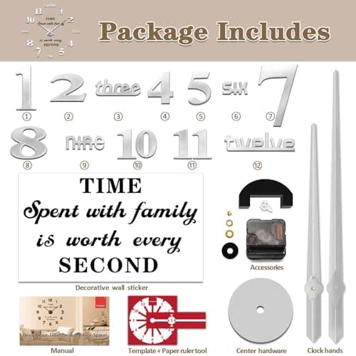 VANGOLD Large Wall Clocks for Living Room Decor, DIY Wall Clock Modern 3D Wall Clock with Mirror Numbers Stickers for Home Office Decorations Ideas (Black) 5