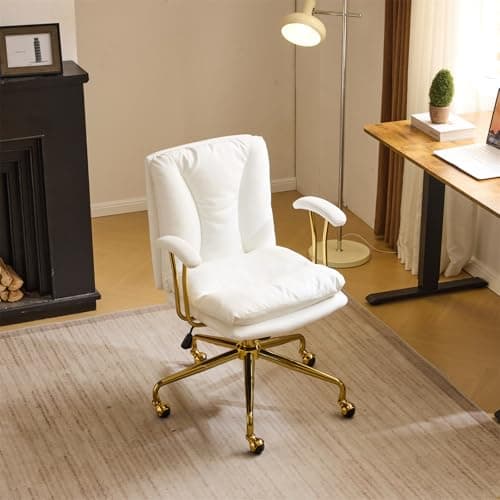 VINGLI Home Office Desk Chair Comfy with Wheels & Removable Armrests,Gold Base Vanity Chair with Back, Adjustable Rolling Swivel Computer Task Chair for Study,Makeup,Office,Bedroom,PU Leather,White