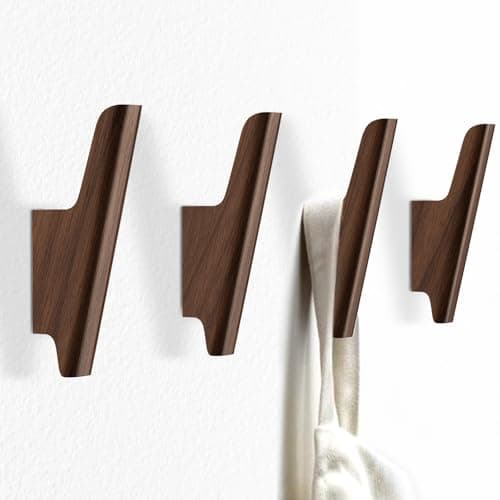FCOWK Wood Wall Hooks 4 Pack Coat Hooks Wall Mount Walnut Wooden Hooks for Hanging Hat, Bag, Backpack, Rustic Coat Hooks for Wall, Wood Towel Hooks for Bathrooms and Entryway Hooks (Walnut, Dark)