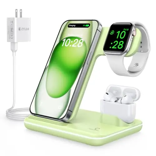 WAITIEE Wireless Charger 3 in 1 Charging Station for for iPhone 16 15 14 13 12 11 X 8 & for Apple Watch, for AirPods 1/2/3/Pro/Pro 2 with Lightning Charging Case(Green)