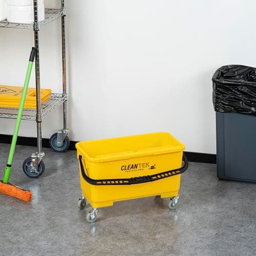 Restaurantware-Clean Tek Professional 25 Quart Cleaning Bucket with Sieve, 1 Bucket with Casters - Comfort-Grip Handle, Heavy-Duty, Yellow Plastic, for Cleaning Kitchens, Restaurants 7