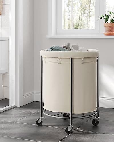 SONGMICS 50.2-Gallon (190 L) Laundry Basket with Wheels, Rolling Round Heavy-Duty Laundry Hamper Cart with Steel Frame and Removable Bag, 2 Locking Wheels, Cream White and Metallic Silver URLS01MZ 9