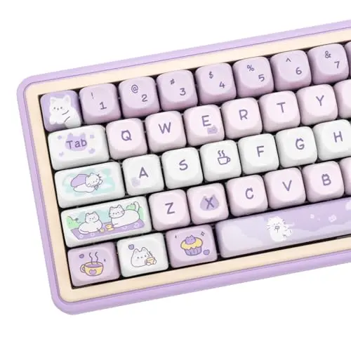 COOMICKEY PBT Keycaps, MOA Profile Keycaps 132 Keys Dye Sublimation Purple Cute Cat Customized Keycap Set for ANSI Layout Cherry MX Switches Mechanical Keyboards