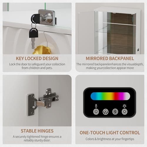 Lvifur 71'' Display Cabinet with Glass Doors,4-Tier Curio Cabinet with 3-Color Lights for Collectibles,Lockable Glass Display Case Human Body Sensor,Tall Bookcase w/Shelves&Drawers,White 7