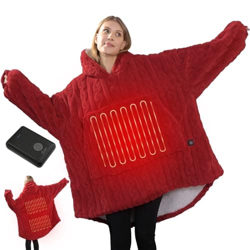 Dowin Heated Wearable Blanket Battery Powered, Come with 5000mAh Portable Rechargeable Charger, Cordless Wireless USB Fannel Sherpa Oversized Hoodie Sweatshirt, Machine Washable, Christmas Red