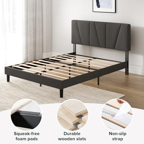 Zinus Queen Maya Upholstered Bed Frame with Asymmetric Headboard, Durable Wooden Slats, Sturdy Framework, Noise Free Sleep, No Box Spring Needed, Easy Assembly, Eco Friendly Packaging, Dark Grey 5