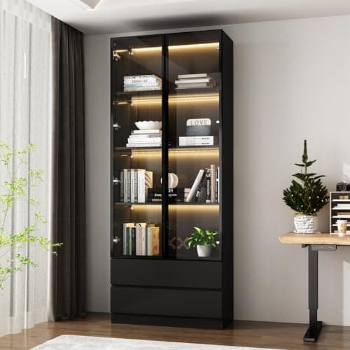 FUNISIR Curio Display Cabinet with Light, Storage Shelves with Pop-up Glass Doors, 2 Drawers & 3 Color Light, Collectibles Cabinet Display Shelf, Bookshelf Showcase for Living Room, Black w/Drawer