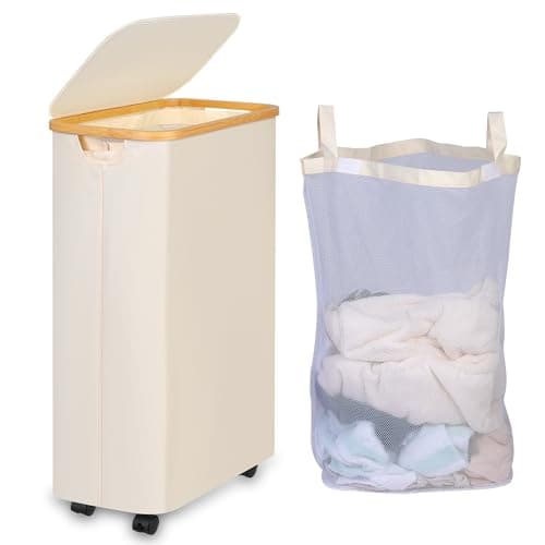 iEGrow 75L Laundry Hamper with Wheels,Clothes Hamper for Laundry,Slim Laundry Basket with Lid & Inner Bag,for Laundry Room, Bedroom, Dormitory Organization,Beige