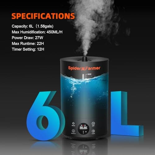 Spider Farmer 3-in-1 6L Humidifier Indoor with Timer & Hose Cool Mist Ultrasonic Humidifiers Large Room with Temperature & Humidity Probe for Plant Mushroom Greenhouse Bedroom Grow Tent Top Fill Black 6