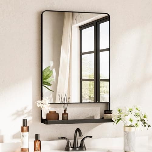 TETOTE Black Metal Framed Vanity Mirror with Shelf for Wall, 18x28 Inch Rounded Rectangle Mirror for Wall, Matte Black Bathroom Vanity Mirror, Bathroom Mirror for Farmhouse, Living Room, Bedroom