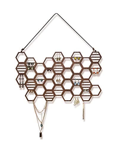 Heesch Honeycomb Earring Organizer Wall Mount Display Wood Hanging Jewelry Organizer for Stud Earrings, Necklaces (Walnut)